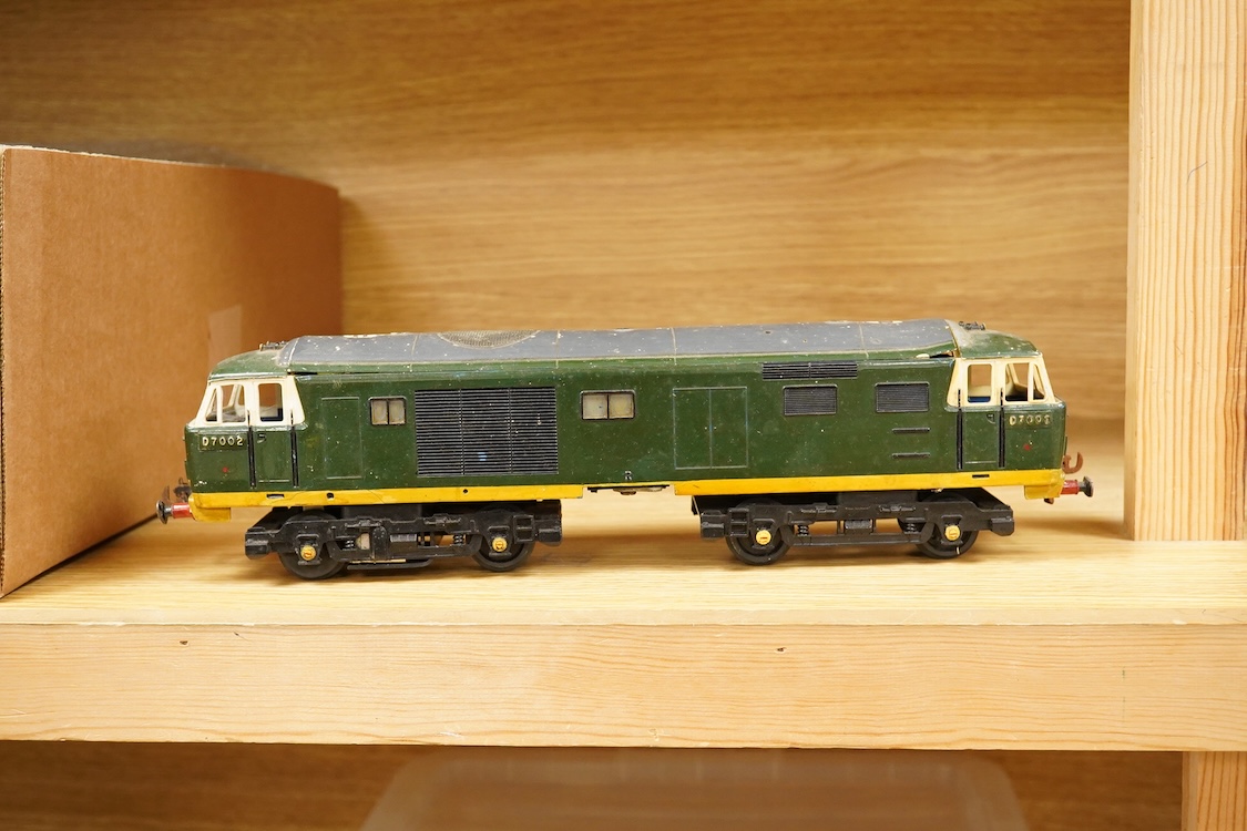 Seven 0 gauge coarse scale LMS and a private owner’s freight wagons, mainly of wood construction, together with the remains of a Tri-ang Big Big Train Class 35 Hymek diesel locomotive (8)